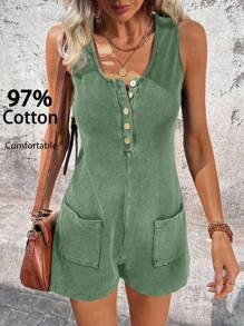 SHEIN LUNE Women's Casual Washed Fabric Music Festival Spring/Summer Daily Basic Outfit Jumpsuit With Pockets - Green - View 1