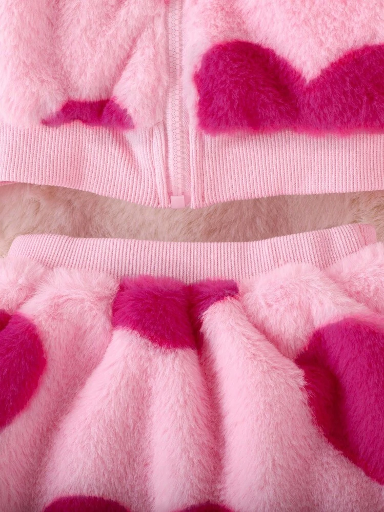 Baby Girl Elegant Heart Print Fluffy Sweater Set With Hat, Fall/Winter Clothes - Pink - View 3