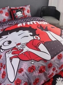 Betty Boop x SHEIN 3pcs Cartoon Character & Rose Floral Lip Kiss Print Reversible Bedding Set, Gifts,Suitable For Single Bed/Double Bed/Queen Bed/King Bed, Dormitory/Home,Gift Ideas,Party,Holiday,Valentine's Day - Multicolor - View 4