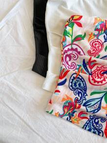 Soleia Conjunto de 3 tops de tubo bohemios de verano para salir, ropa occidental, para conciertos, rave y festival: top con estampado de paisley retro y textura acanalada color albaricoque, y top acanalado negro corto de punto para vacaciones - Multicolor - Ver 4