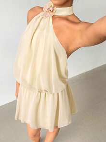 Aloruh Váy ngắn hở lưng họa tiết hoa 3D thanh lịch dành cho nữ, mùa hè - Màu be - Xem 4