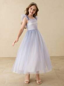 New Cap Sleeve High-End Mesh Princess Dress, Suitable For Back To School Party, Halloween, Girls Elegant Costume Dress - Blue - View 5
