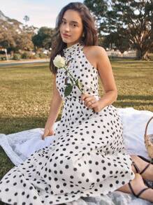 SHEIN Unity Elegant Romantic Polka Dot Sleeveless Stand Collar Bowknot Decor Hollow Waist Midi Dress, Off The Shoulder - White - View 7
