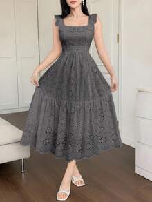 DAZY 法式蕾丝刺绣白色收腰连衣裙，度假仙女风长裙 - 灰色 - 查看 3