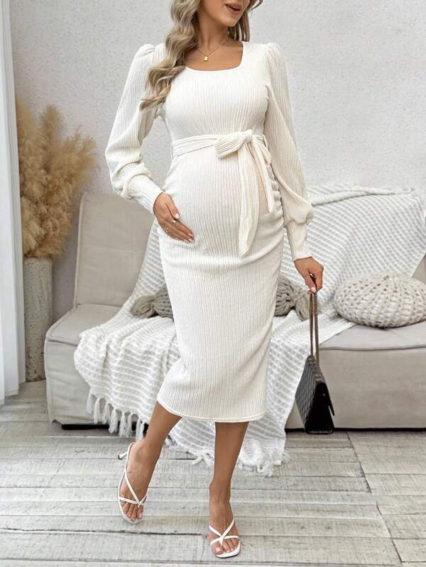 SHEIN Maternity Knit Dress, Long Sleeve Solid Color Dress, Elastic Fabric, Autumn/Winter