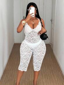 Maweii Plus Size Sexy Sheer Lace Backless Halter Bodysuit, Summer - Beige - View 5