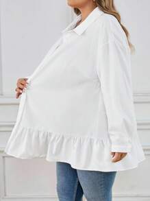 SHEIN CURVE+ 大码女式荷叶边下摆长袖纽扣衬衫，夏季宽松中长款衬衫上衣，秋季女式长袖紧身外套，冬季，CURVE PLUS/秋冬 - 白色 - 查看 4