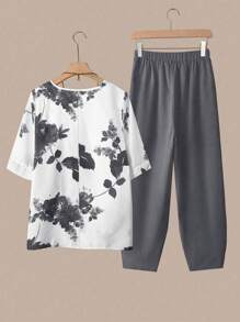 Linhara Bộ 2 quần short in họa tiết cổ tròn tay lỡ cỡ lớn mùa hè thường ngày cho nữ và quần cạp chun - Nhiều màu - Xem 2