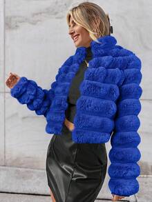 Firerie 女士纯色长袖仿皮草夹克 - 寶藍色 - 查看 6