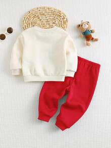 Cozy Pixies 2件套男婴熊图案圆领长袖连帽衫和慢跑裤套装 - 紅色 - 查看 2