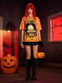 GARFIELD | SHEIN 女式夏季万圣节猫咪印花圆领短袖T恤 - 橘色 - 查看 2