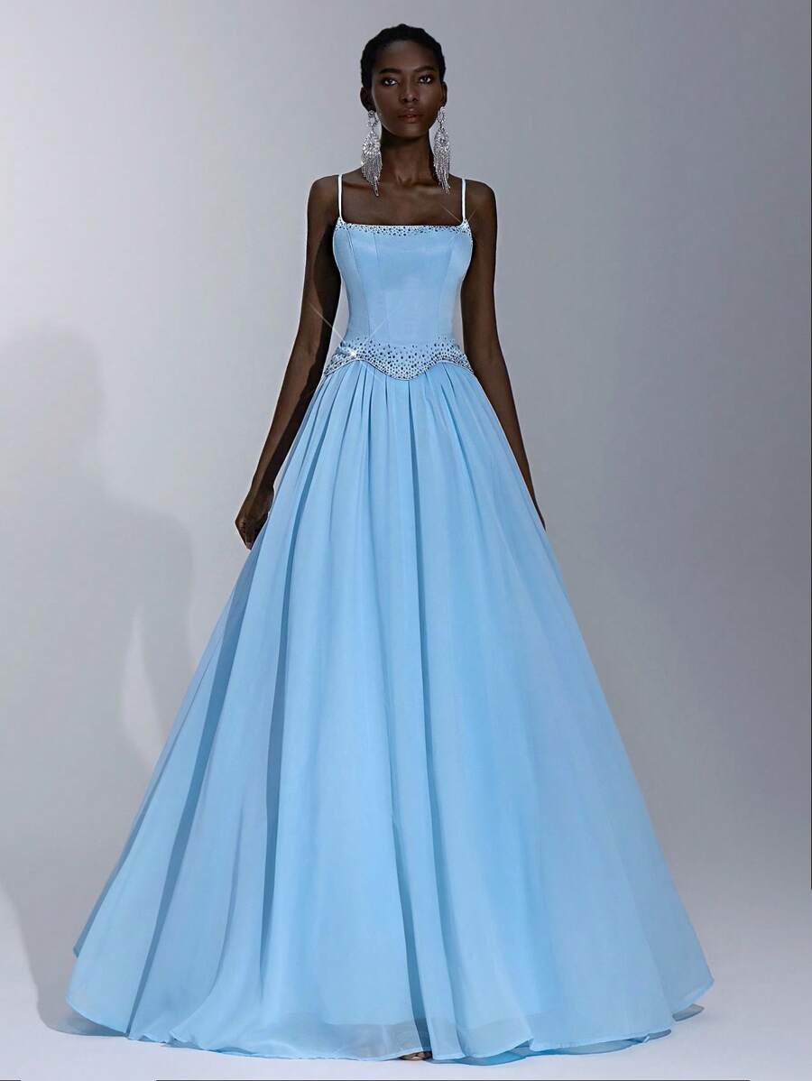 Elitara 优雅奢华浅蓝色缎面手工水钻肩带超大 A 字裙摆连衣裙，适合约会、单身派对、招待会、舞会、正式场合、庆典和宴会正式礼服