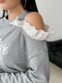 Modelyn 女士露肩优雅印花宽松运动衫 - 淺灰色 - 查看 6