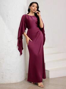 Veilorie 女士优雅摩卡棕色圆领斗篷袖鱼尾下摆缎面长裙 - 藕粉色 - 查看 5