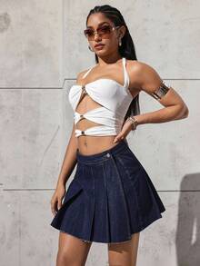 SHEIN ICON Minifalda plisada de mezclilla de unicolor casual para mujer