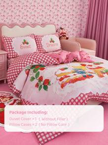 Strawberry Shortcake X SHEIN 3 PiecesStrawberry Print Bedding Set, Soft & Warm, Farmhouse Style, Fits Various Bed Sizes,Gift Ideas - Multicolor - View 12