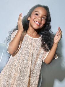 Maija Kids Maija Kids Young Girl Sequin Fabric Ruffle Sleeve Round Neck Dress - Gold - View 6