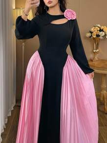 Auvina Women's Plus Size Black & Pink Patchwork Round Neck Hollow Out Pleated Long Sleeve Floral Decor Maxi Dress, Spring/Autumn