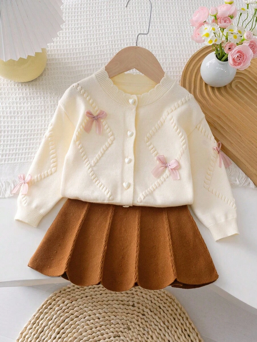 Souflis Souflis Baby Girl Bow Decor Knitted Cardigan And Knitted Skirt Set Fall Winter - Apricot - View 1