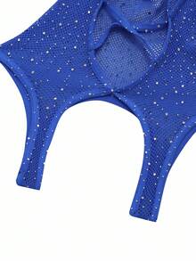 SHEIN 女士亮面网眼镂空长袖连体衣外出内衣 - 寶藍色 - 查看 4