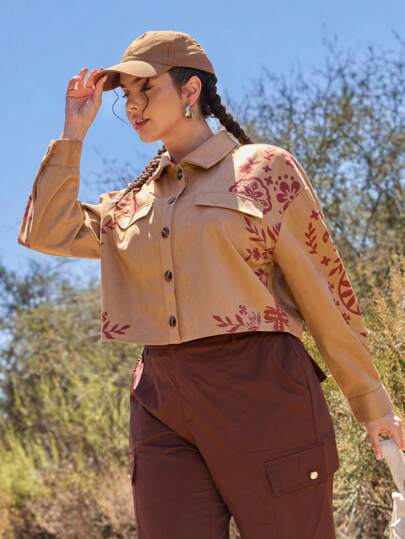 SHEIN VCAY Plus Size Women Khaki Long Sleeve Short Jacket, Pattern Outerwear Fall Winter Women School Homecoming Business Casual Woman Church Country Concert Coat For Women Brown Tops Button Up Coat Going Out Tops Women Autumn Long Sleeve Tops Women