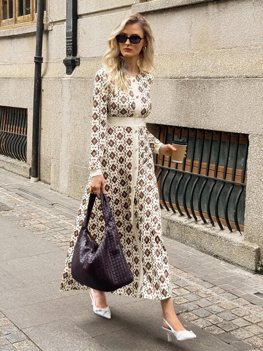 EMERY ROSE 女式长袖休闲拼色中长连衣裙 - 彩色 - 查看 1