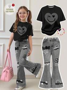 SHEIN Leap Crew 2pcs/Set Teen Girl Casual Loose Heart & Face Graffiti Print Round Neck Short Sleeve T-Shirt And Flare Pants Outfit, Suitable For Summer, Autumn, Suitable For Home, Outing, Street Photography, Campus - Multicolor - View 5