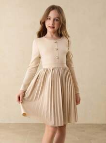 Girls' Casual Minimalist Daily Round Neck Raglan Long Sleeve Mid-Length Solid Color Pleated Dress With Pearl Buttons, Khaki, Suitable For Halloween, Christmas, Autumn/Winter. Paired With Crossbody Bag And Slip Dress For Party Fall - Khaki - View 6