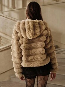 Anewsta Savoree 女士时尚连帽仿皮草夹克，秋冬 - 卡其色 - 查看 2