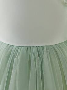 Glamorique Kids Girls' Autumn/Winter Green Satin & Tulle Patchwork Long Sleeve Elegant Party Flower Girl Dress Fall