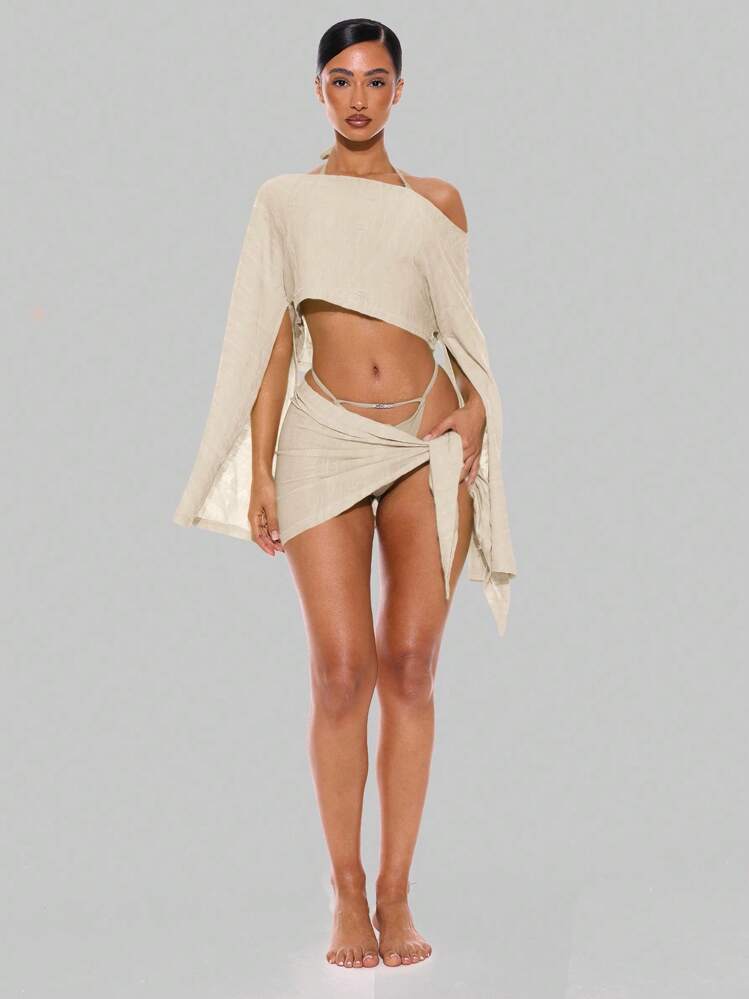 Musera Resort Top de manga larga asimétrico con hombros descubiertos, drapeado y textura. Ideal para verano, primavera, vacaciones, vacaciones, sexy, Ibiza, ropa de playa, cubierta. Color sólido. - Albaricoque - Añade 3