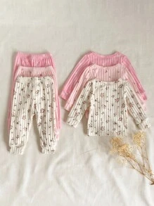 SHEIN 6pcs/Set Baby Girls Round Neck Long Sleeve Ribbed Ditsy Floral T-Shirt With Elastic Waist Pants, Comfortable, Fashionable, Versatile, Korean Style Casual Outfit, Suitable For Layering Or Outerwear, New Autumn Collection Fall Winter