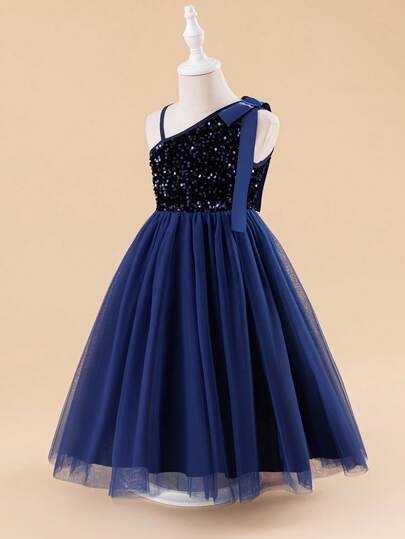 Glamorique Kids 少女蓝色亮片网纱露肩连衣裙，适合各种场合，展现魅力与浪漫