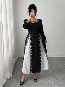 Elenzga 女士优雅圆领印花撞色下摆连衣裙 - 黑色 - 查看 3