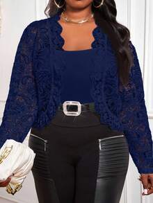 SHEIN Lady Áo khoác ngoài tay dài họa tiết kẻ sọc xanh navy cổ điển mới 2025 dành cho nữ cỡ lớn, thường ngày, đi làm, mặc vào mùa thu/đông - Màu xanh hải quân - Xem 1