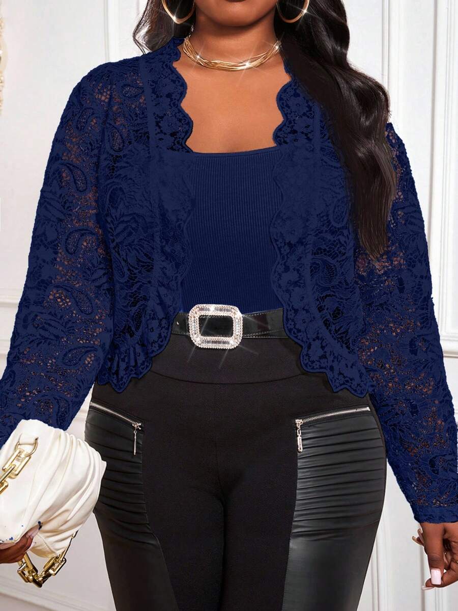 SHEIN Lady Áo khoác ngoài tay dài họa tiết kẻ sọc xanh navy cổ điển mới 2025 dành cho nữ cỡ lớn, thường ngày, đi làm, mặc vào mùa thu/đông - Màu xanh hải quân - Xem 1