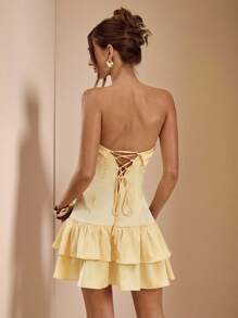 SHEIN BAE Pale Yellow Satin Strapless Backless Ruffle Hem Mini Dress,Summer Elegant Birthday Party Cocktail Formal Event Bridesmaid Dress For Women - Light Yellow - View 6