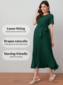 MaterniWear Váy bầu cổ tròn xếp ly màu trơn đơn giản cho bà bầu - Màu xanh lá cây đậm - Xem 4