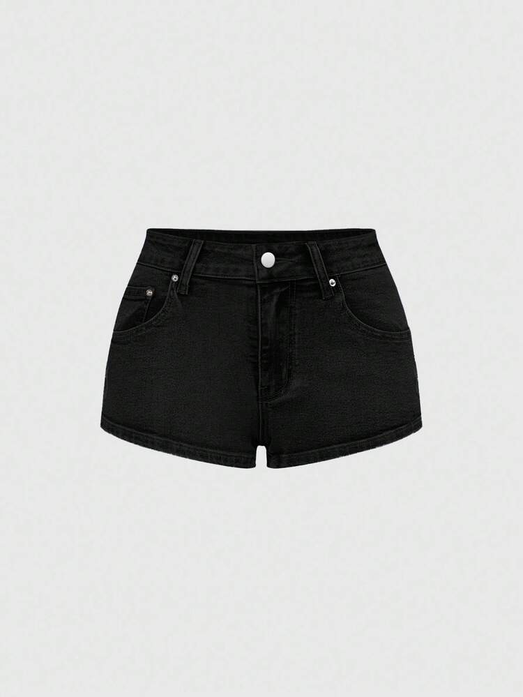 ROMWE Grunge Punk 复古 Y2K 女式超低腰超短牛仔短裤，后袋带星星贴片 - 黑色 - 查看 2