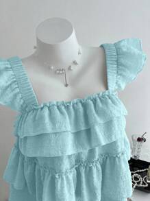 Franclia Summer Textured Cap Sleeve Layered Ruffle Hem Casual Vacation Tank Top - Blue - View 6