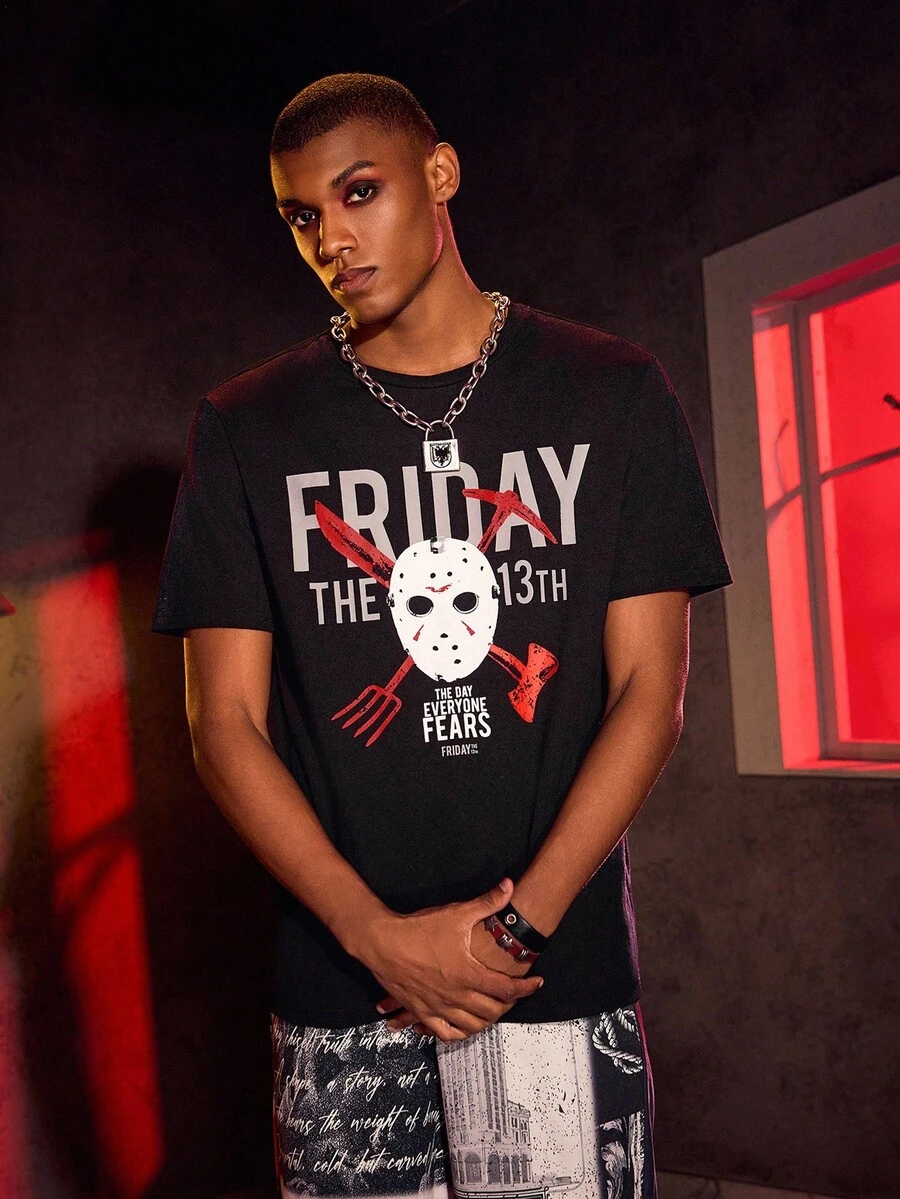 WB Horror X SHEIN Men's Horror Movie Graphic Print Round Neck Short Sleeve T-Shirt, Summer