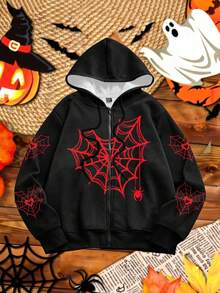 Manfinity EMRG Fashionable Casual Young Street Heart, Spider Web & Spider Element All-Over Digital Print Pattern Oversized Loose Fit Drop Shoulder Hoodie Sweatshirt, Suitable For Holidays, Dates, Gatherings, Parties, Couples, Family Matching, Great Gift For Boyfriend/Husband Halloween Hoodie Spider Web Hoodie Gothic Hoodie Zip Up Hoodie, Men Spider Web Graphic Hoodie, Black Spider Hoodie, Men Halloween Hoodie, Hip Hop Spider Hoodie , Fall Winter