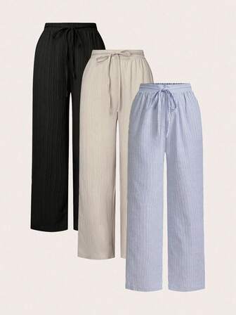 SHEIN Essnce Set de 3 piezas de pantalones rectos con bolsillos y cinturón ajustable para mujer, adecuado para el verano