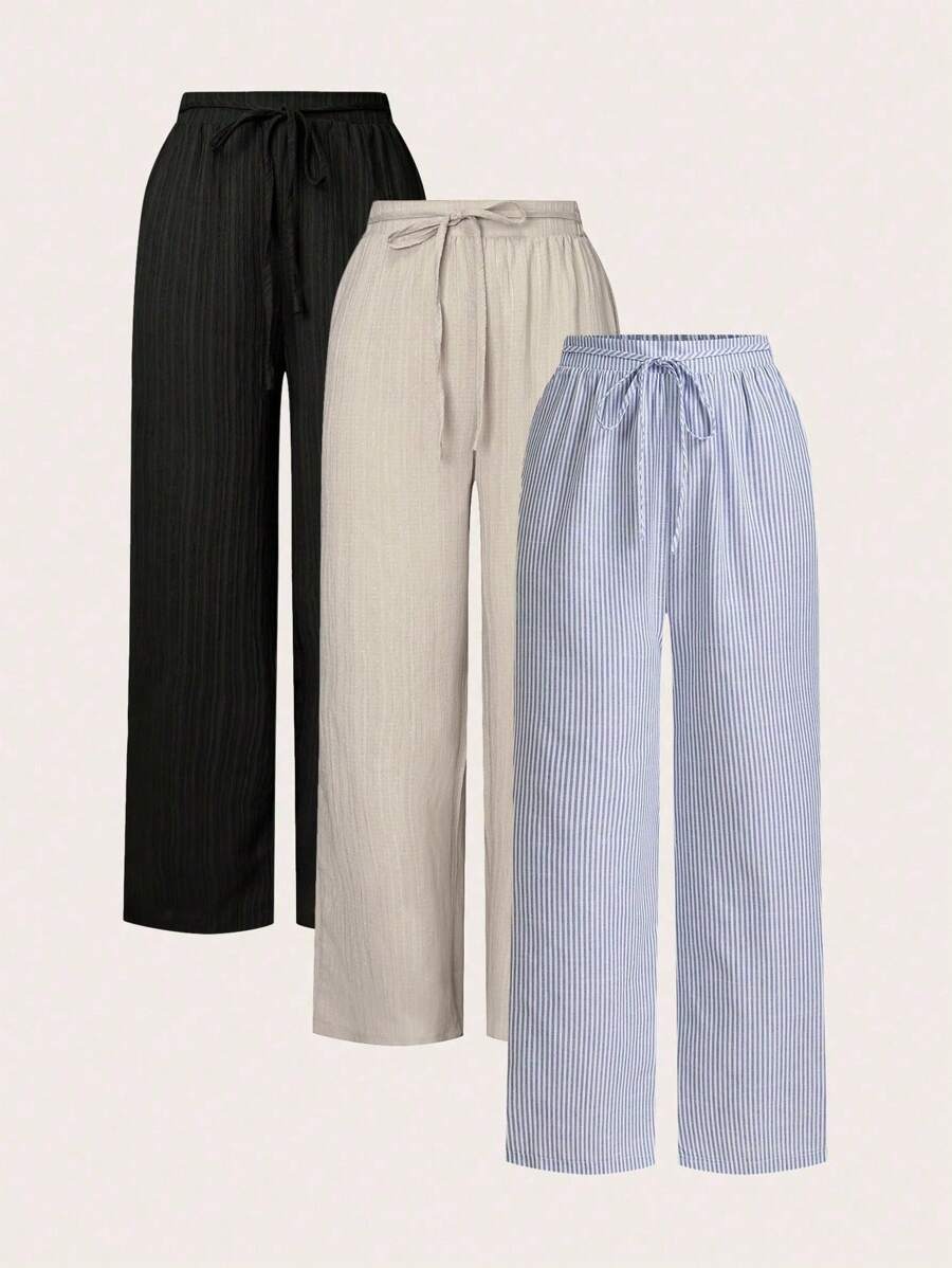 SHEIN Essnce 3 件套女士休闲腰带口袋直筒裤套装,适合夏季 - 彩色 - 查看 1