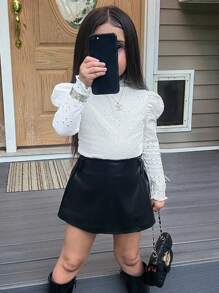 SHEIN 少女法式春夏秋季修身T恤，立领，羊腿袖，镂空刺绣荷叶边饰边，纹理薄纱面料，母女/姐妹同款，返校季。 - 白色 - 查看 6