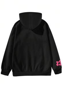 Glimmora 男士拉链字母印花休闲连帽卫衣，秋季款，长袖上衣 - 黑色 - 查看 3