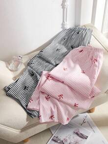 Snug Zone 女士条纹蝴蝶结睡衣裤套装（2件套），秋季服装，冬季 - 彩色 - 查看 2