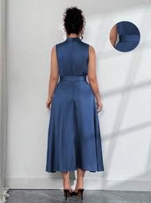 Elenzga Plus Size Elegant Solid Color Stand Collar Dress, Summer - Blue - View 2