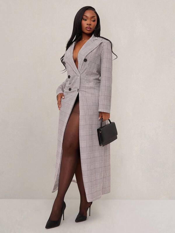 SHEIN X Phaith Montoya SHEIN SXY Plus Size Women's Fall & Winter,Spring&Summer Elegant Houndstooth Print Double-Breasted Lapel Fitted Long Blazer Coat,Suitable For Office, Blazer Dress For Women,Suitable For High Street Style,Urban,Sexy Office Siren Coquettish,Cruise Attire,Commuting,Business,Retro,Vintage,Party,Resort,Outing,Old Money,Richly Layered,Date Night,Gathering,Minimalism,Birthday,Formal Event,Gyaru,Ibiza,Nashville,Break,Modest,Chic,Casul,Shopping, Streetwear,Going Out,Coquette,Accent Your Body,Flatter The Figure