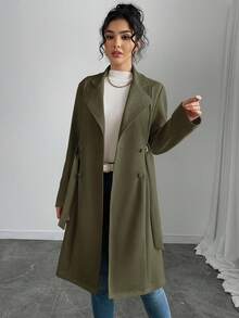 Rafferiza 女式纯色仿麂皮双排扣侧袋常规夹克 - 軍綠色 - 查看 4